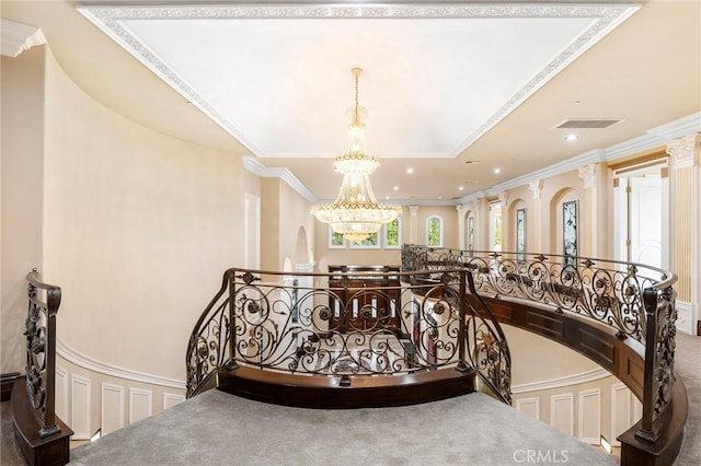 1539 Rodeo Rd, Arcadia, CA 91006 - corridor with an upstairs landing, a chandelier, carpet, recessed lighting, and crown molding