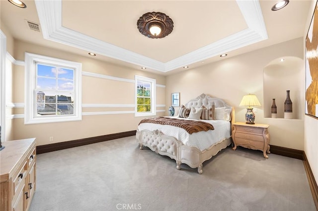 1539 Rodeo Rd, Arcadia, CA 91006 - bedroom featuring a raised ceiling, light colored carpet, crown molding, and recessed lighting