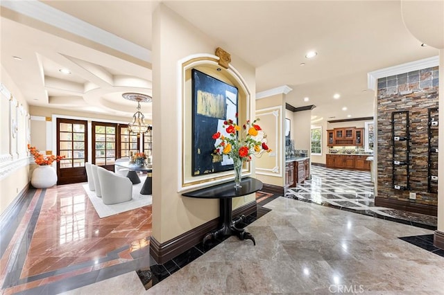 1539 Rodeo Rd, Arcadia, CA 91006 - corridor with marble tiled flooring, baseboards, recessed lighting, healthy amount of natural light, and inlaid floor details