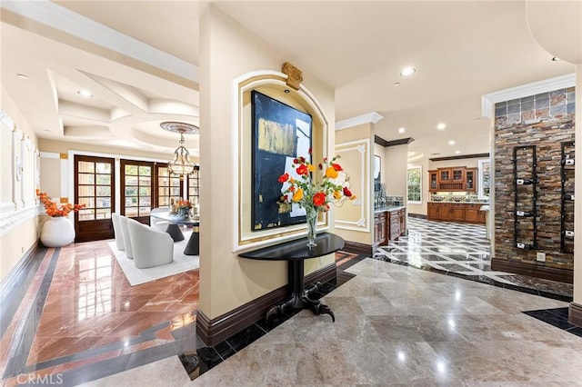 1539 Rodeo Rd, Arcadia, CA 91006 - hallway featuring marble tiled floors, recessed lighting, plenty of natural light, crown molding, and inlaid floor details