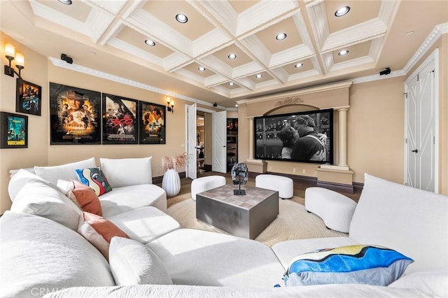 1539 Rodeo Rd, Arcadia, CA 91006 - home theater featuring coffered ceiling, crown molding, wood finished floors, beamed ceiling, and recessed lighting