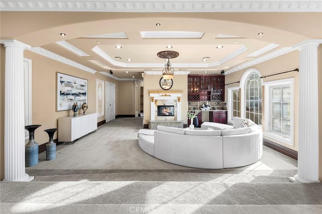 1539 Rodeo Rd, Arcadia, CA 91006 - living room featuring ornate columns, carpet, crown molding, a raised ceiling, and a high end fireplace