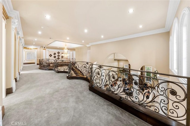 1539 Rodeo Rd, Arcadia, CA 91006 - corridor featuring an upstairs landing, ornamental molding, carpet, a chandelier, and recessed lighting