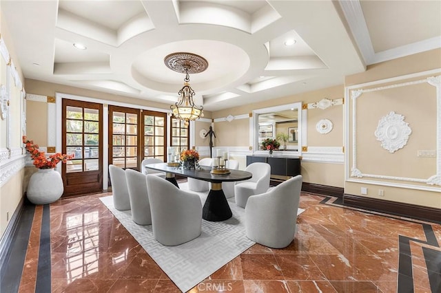 1539 Rodeo Rd, Arcadia, CA 91006 - dining area featuring marble tiled flooring, coffered ceiling, a chandelier, baseboards, and recessed lighting