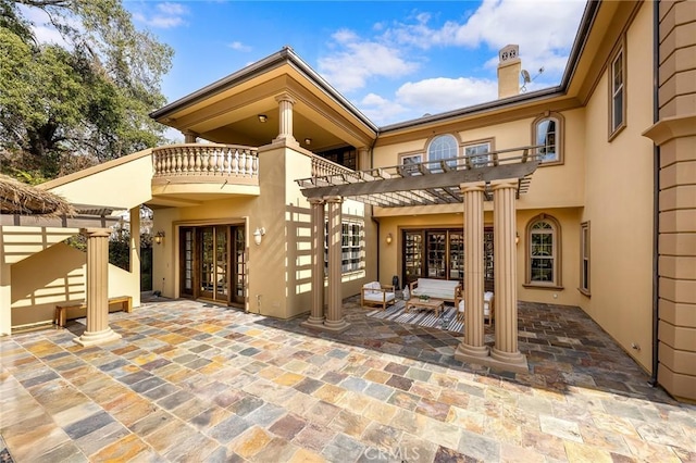 1539 Rodeo Rd, Arcadia, CA 91006 - rear view of property with a balcony, a patio, a pergola, and a chimney