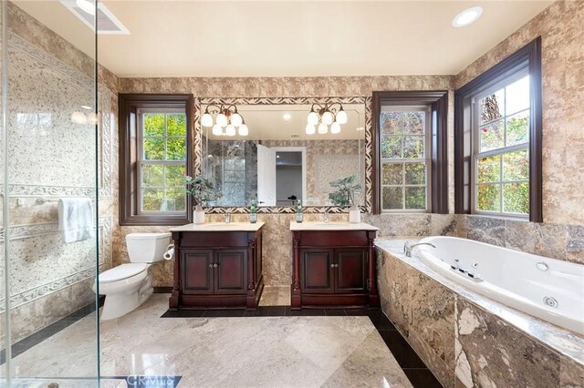 1539 Rodeo Rd, Arcadia, CA 91006 - bathroom featuring vanity, a jetted tub, toilet, a shower with shower door, and tile walls