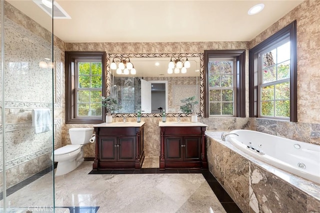 1539 Rodeo Rd, Arcadia, CA 91006 - bathroom featuring vanity, a jetted tub, tile walls, and a shower with door