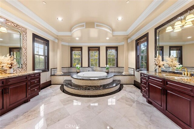 1539 Rodeo Rd, Arcadia, CA 91006 - full bathroom with healthy amount of natural light, two vanities, a bath, crown molding, and baseboards