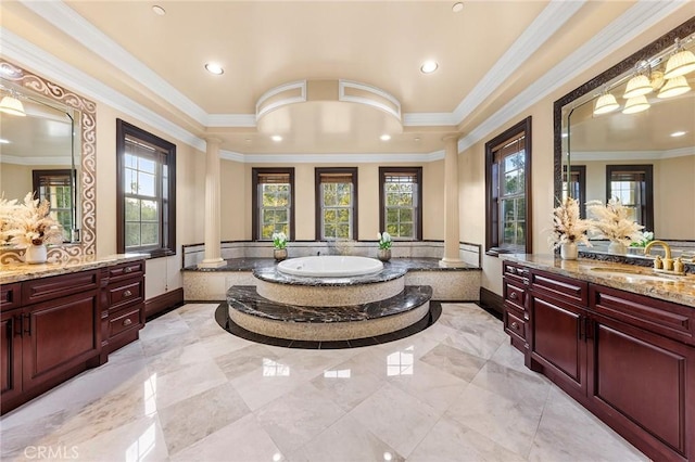 1539 Rodeo Rd, Arcadia, CA 91006 - full bathroom with plenty of natural light, two vanities, a garden tub, ornamental molding, and recessed lighting