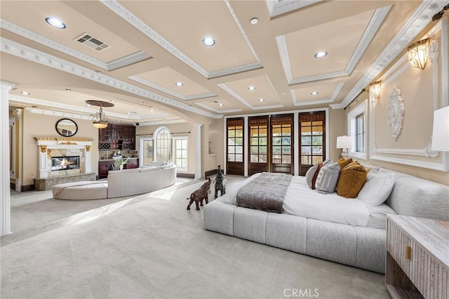 1539 Rodeo Rd, Arcadia, CA 91006 - bedroom with crown molding, recessed lighting, carpet floors, coffered ceiling, and a premium fireplace