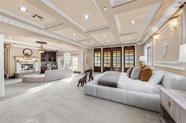 1539 Rodeo Rd, Arcadia, CA 91006 - bedroom with crown molding, recessed lighting, carpet, coffered ceiling, and a fireplace