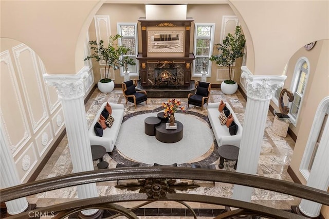 1539 Rodeo Rd, Arcadia, CA 91006 - living area featuring a fireplace and a towering ceiling