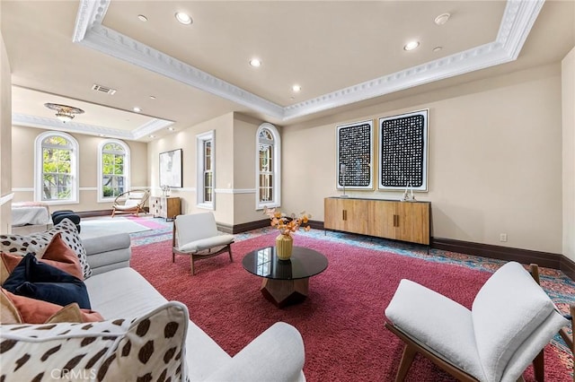 1539 Rodeo Rd, Arcadia, CA 91006 - carpeted living area featuring a raised ceiling, recessed lighting, crown molding, and baseboards