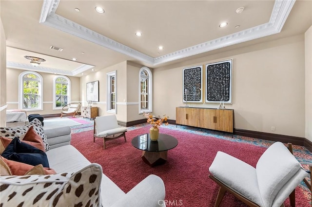 1539 Rodeo Rd, Arcadia, CA 91006 - living area with a tray ceiling, recessed lighting, and crown molding