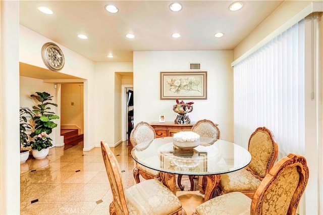 1610 N Hobart Blvd, Los Angeles, CA 90027 - dining space featuring recessed lighting, baseboards, stairway, and granite floors