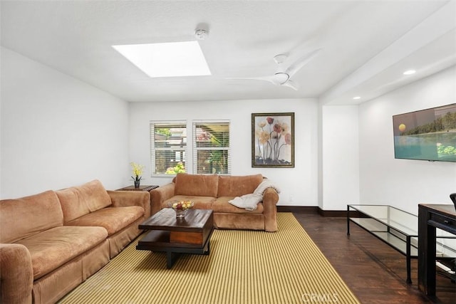 27121 Shenandoah Dr, Laguna Hills, CA 92653 - living room with a skylight, dark wood-style flooring, recessed lighting, and ceiling fan