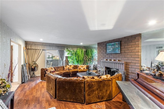1849 Ayers Way, Burbank, CA 91501 - living room with a fireplace, wood finished floors, wallpapered walls, and baseboards
