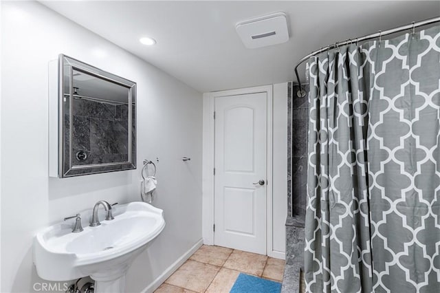1849 Ayers Way, Burbank, CA 91501 - full bath with a sink, tile patterned flooring, a shower with shower curtain, baseboards, and recessed lighting