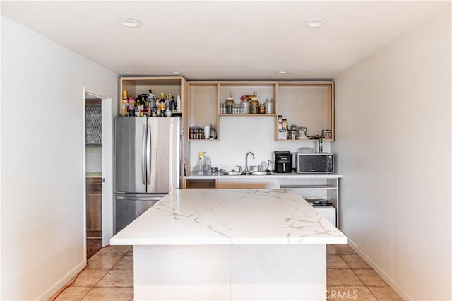 1849 Ayers Way, Burbank, CA 91501 - kitchen featuring freestanding refrigerator, a sink, open shelves, light tile patterned floors, and recessed lighting