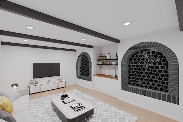 1849 Ayers Way, Burbank, CA 91501 - living area featuring beamed ceiling, light wood-style floors, recessed lighting, and bar