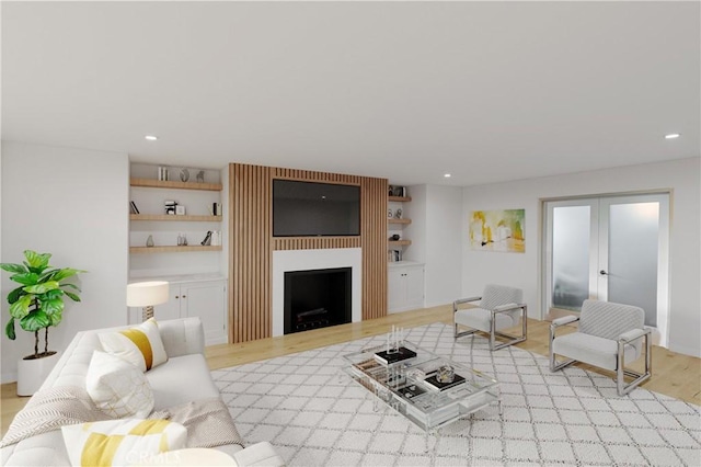 1849 Ayers Way, Burbank, CA 91501 - living room with light wood-style flooring, a fireplace, french doors, and recessed lighting