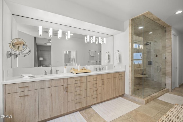 815 Mandalay Beach Rd, Oxnard, CA 93035 - bathroom featuring double vanity, a shower stall, and recessed lighting