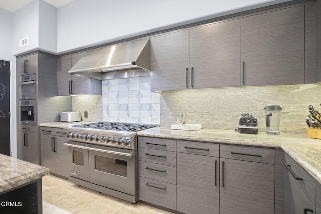 815 Mandalay Beach Rd, Oxnard, CA 93035 - kitchen with appliances with stainless steel finishes, ventilation hood, tasteful backsplash, gray cabinetry, and modern cabinets