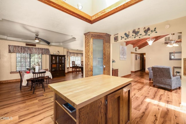 51793 Quail Ridge Rd, Oakhurst, CA 93644 - kitchen with a ceiling fan, butcher block countertops, open floor plan, and light wood finished floors