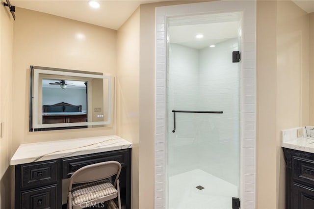 469 Grinnel Ct, Simi Valley, CA 93065 - full bathroom featuring vanity, a shower stall, recessed lighting, and a ceiling fan
