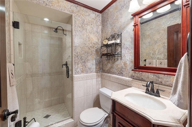 469 Grinnel Ct, Simi Valley, CA 93065 - bathroom featuring toilet, a stall shower, ornamental molding, and vanity