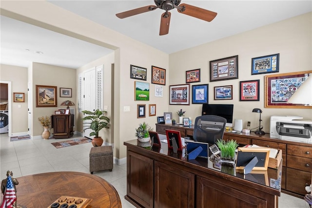 905 Romneya Ln, Santa Maria, CA 93455 - office space with ceiling fan, light tile patterned floors, baseboards, and washer / dryer