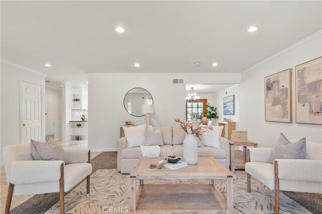 1525 E Baldwin Ave, Orange, CA 92865 - living room featuring recessed lighting, ornamental molding, a chandelier, and baseboards