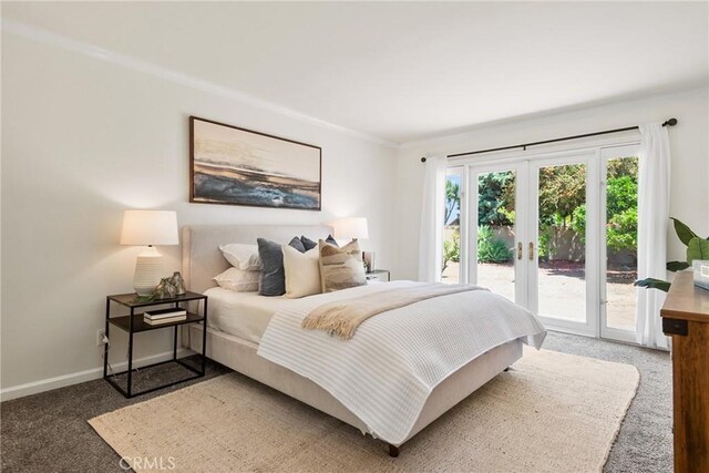 1525 E Baldwin Ave, Orange, CA 92865 - carpeted bedroom featuring access to outside, crown molding, french doors, and baseboards