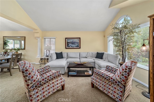 823 Sonora Ct, San Dimas, CA 91773 - living area featuring carpet floors, healthy amount of natural light, baseboards, and high vaulted ceiling