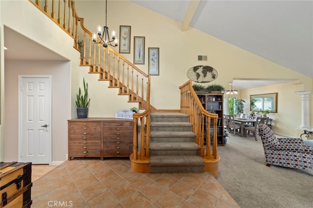 823 Sonora Ct, San Dimas, CA 91773 - stairway with high vaulted ceiling, a chandelier, carpet, beam ceiling, and tile patterned flooring