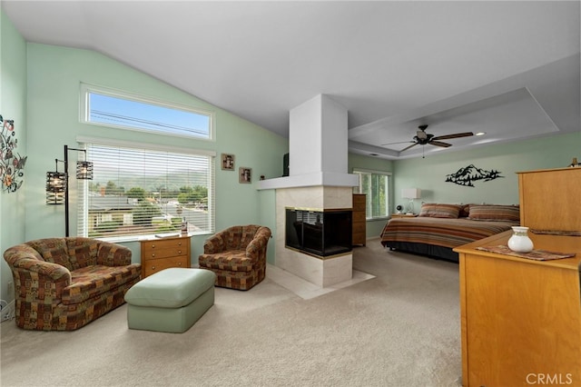 823 Sonora Ct, San Dimas, CA 91773 - carpeted bedroom with a tiled fireplace, lofted ceiling, and a ceiling fan