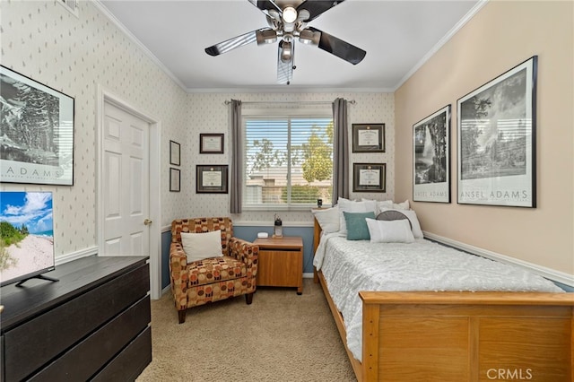 823 Sonora Ct, San Dimas, CA 91773 - bedroom with crown molding, wallpapered walls, light colored carpet, and ceiling fan