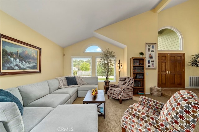 823 Sonora Ct, San Dimas, CA 91773 - living area featuring carpet floors and high vaulted ceiling