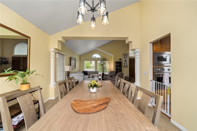 823 Sonora Ct, San Dimas, CA 91773 - carpeted dining room featuring ornate columns, lofted ceiling, a chandelier, and baseboards