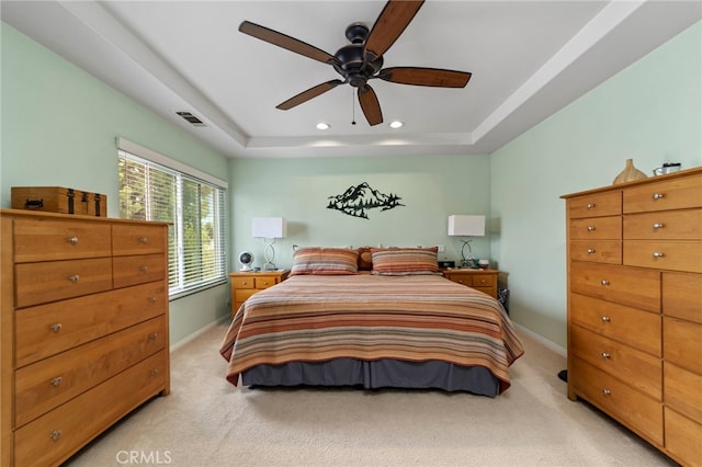 823 Sonora Ct, San Dimas, CA 91773 - bedroom featuring light carpet, a raised ceiling, baseboards, and recessed lighting