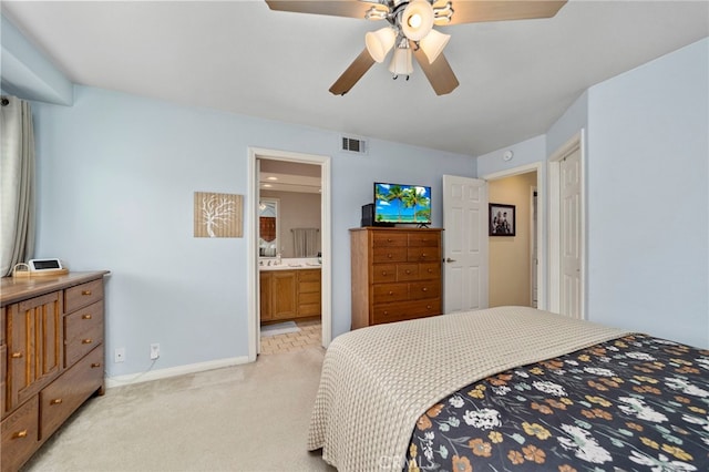 823 Sonora Ct, San Dimas, CA 91773 - bedroom featuring light carpet, baseboards, a ceiling fan, and ensuite bathroom