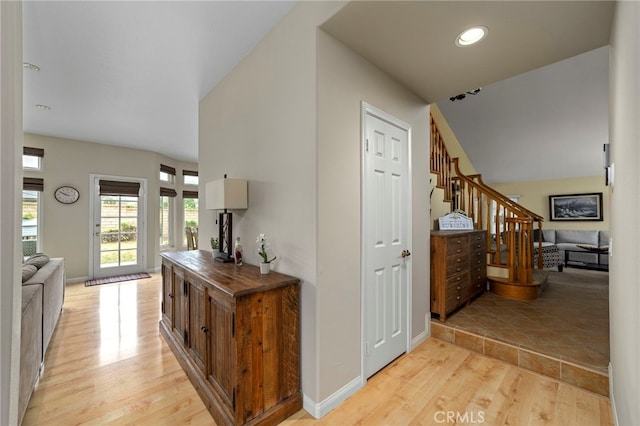 823 Sonora Ct, San Dimas, CA 91773 - hall featuring stairway, light wood-type flooring, baseboards, and recessed lighting