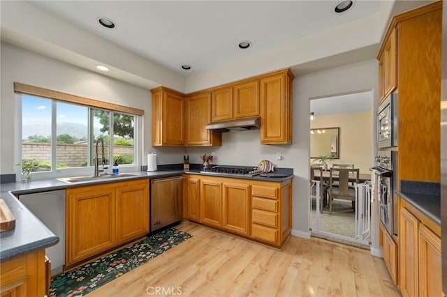 823 Sonora Ct, San Dimas, CA 91773 - kitchen with a sink, stainless steel appliances, under cabinet range hood, light wood finished floors, and brown cabinets