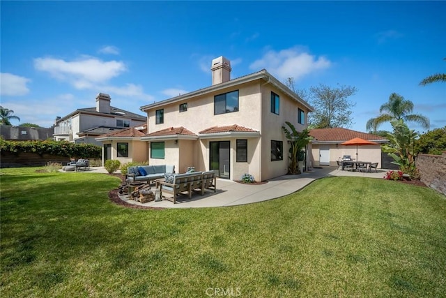 5805 Salisbury Ln, San Luis Obispo, CA 93401 - rear view of property featuring an outdoor hangout area, a patio, stucco siding, a lawn, and a chimney
