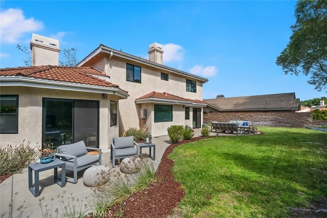 5805 Salisbury Ln, San Luis Obispo, CA 93401 - rear view of house featuring outdoor lounge area, a patio area, a chimney, and stucco siding