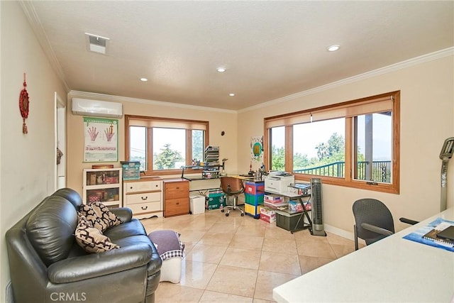 2036 S Buenos Aires Dr, Covina, CA 91724 - home office featuring a wall mounted AC, crown molding, light tile patterned flooring, recessed lighting, and baseboards