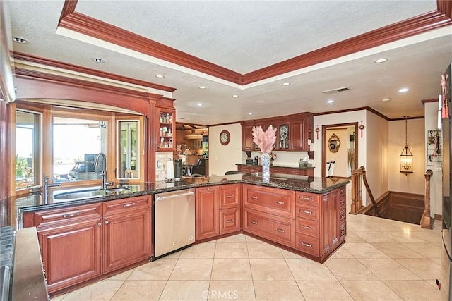 2036 S Buenos Aires Dr, Covina, CA 91724 - kitchen featuring crown molding, stainless steel dishwasher, a raised ceiling, a sink, and a peninsula