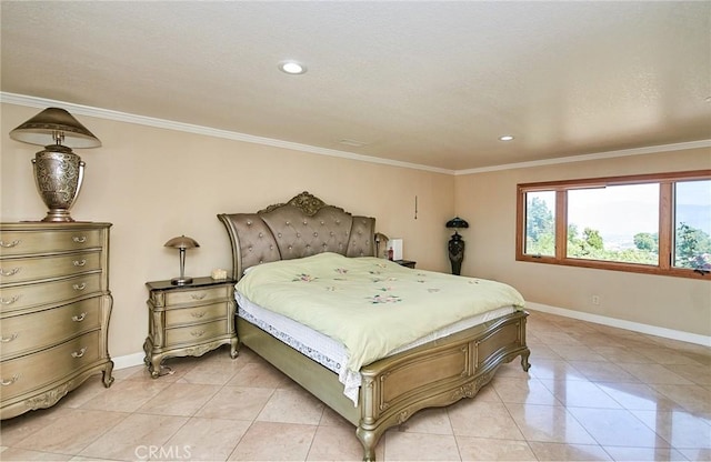 2036 S Buenos Aires Dr, Covina, CA 91724 - bedroom with baseboards, light tile patterned floors, crown molding, and recessed lighting