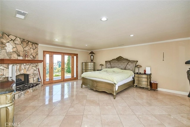 2036 S Buenos Aires Dr, Covina, CA 91724 - bedroom with ornamental molding, access to exterior, a fireplace, baseboards, and recessed lighting