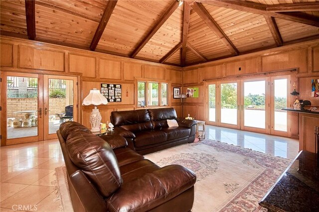 2036 S Buenos Aires Dr, Covina, CA 91724 - living area featuring french doors, wood ceiling with exposed beams, a decorative wall, light tile patterned floors, and high vaulted ceiling